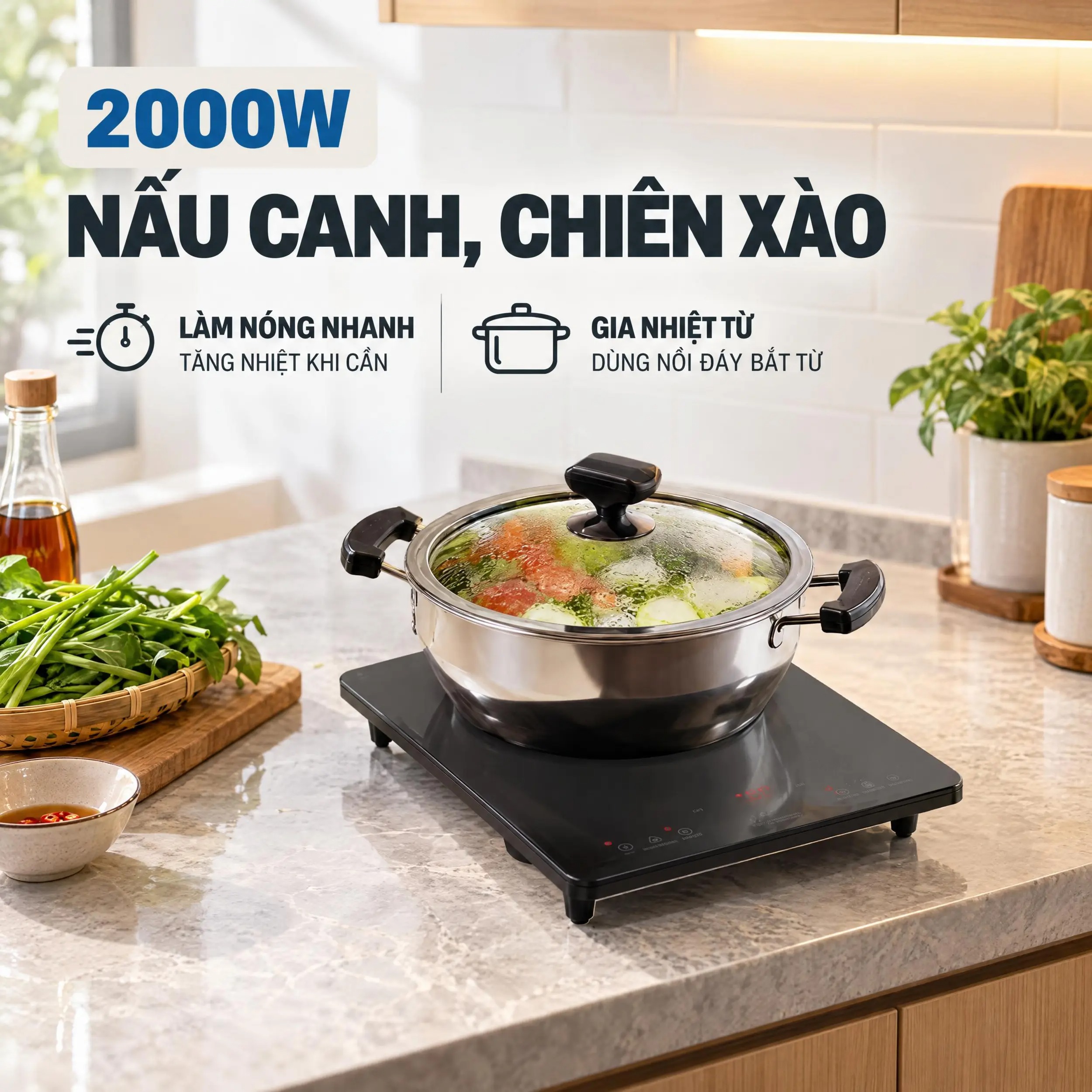 Bếp từ đơn công suất 2000W đang đun nồi inox có nắp kính, gia nhiệt nhanh và dùng nồi đáy bắt từ